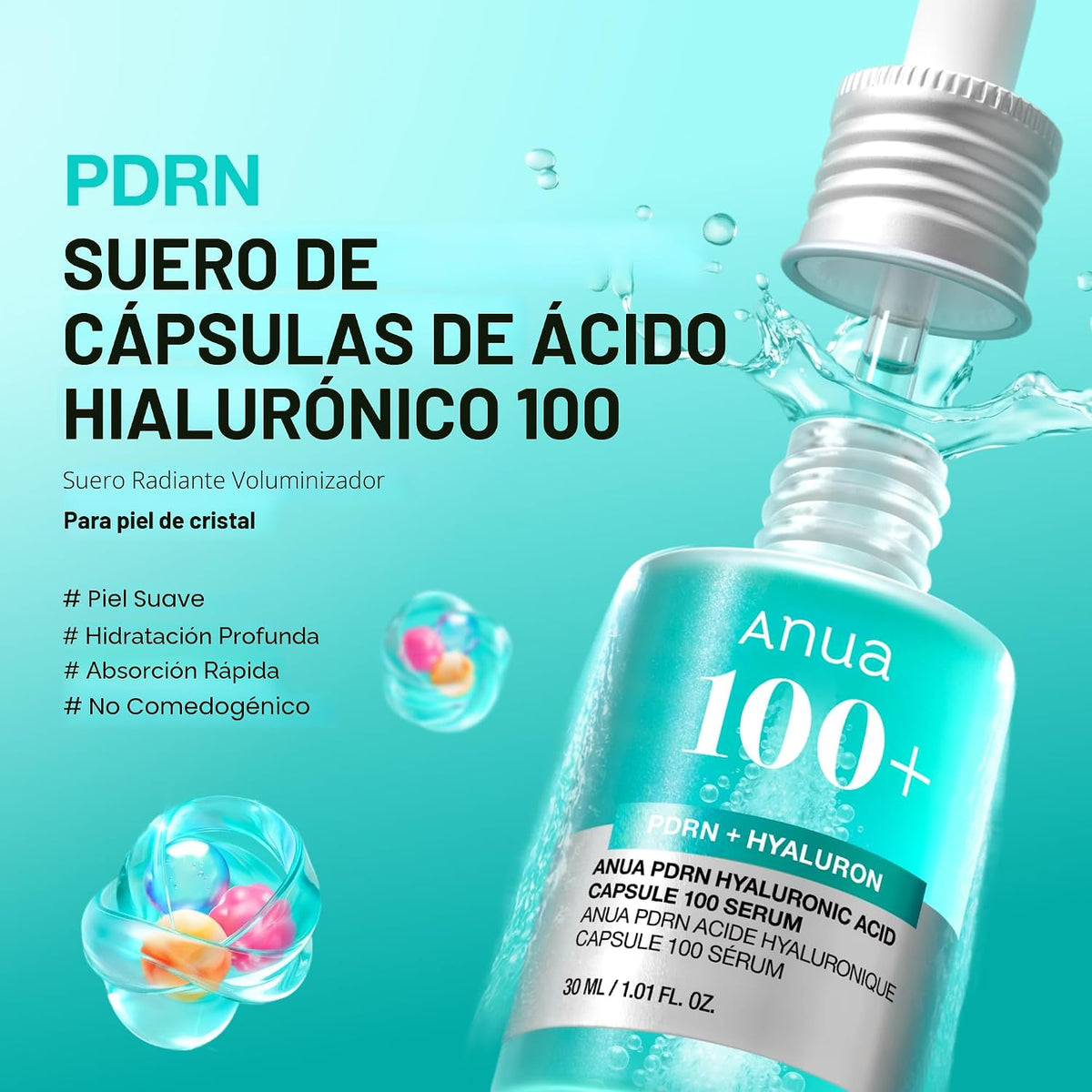 Suero en Cápsula de Ácido Hialuronico PDRN de Anua, Suero Facial Radiante, Ácido Hialuronico, Hidratación, Efecto de Relleno de Humedad, Color Natural, Sin Fragancia, Cuidado de la Piel Coreano, 30ml