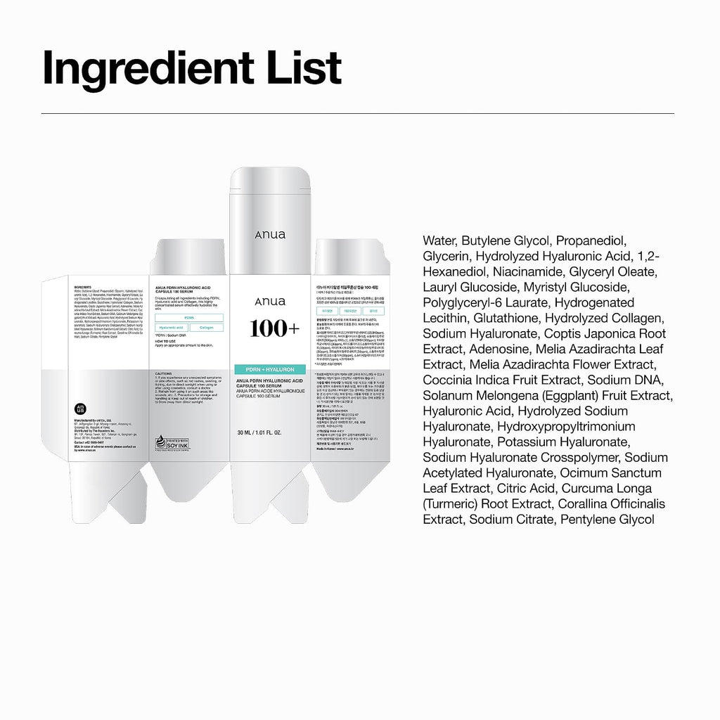 Suero en Cápsula de Ácido Hialuronico PDRN de Anua, Suero Facial Radiante, Ácido Hialuronico, Hidratación, Efecto de Relleno de Humedad, Color Natural, Sin Fragancia, Cuidado de la Piel Coreano, 30ml